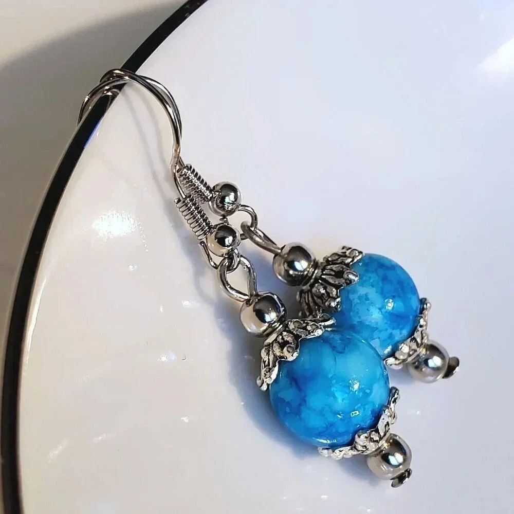 Art Nouveau Mottled Turquoise Blue Glass Beads Antiqued Silver Earrings - Picture 3 of 7